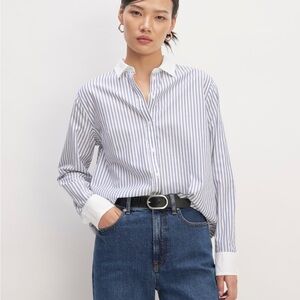 EVERLANE The Must-Have Shirt in Silky Cotton Mariner Blue White Stripe Size 0